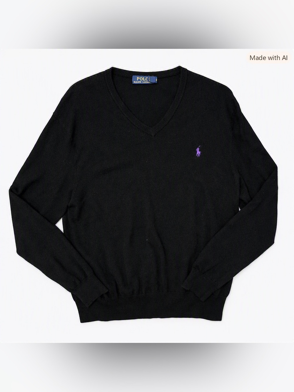 Polo Ralph Lauren Men's XXL Black 100% Merino Wool V-Neck Sweater Purple Pony